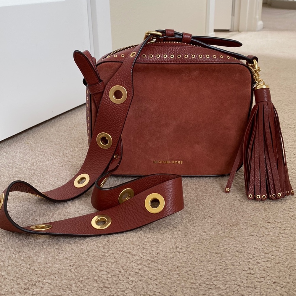 Michael Kors Brooklyn Camera Bag Crossbody Purse Suede Leather Grommets